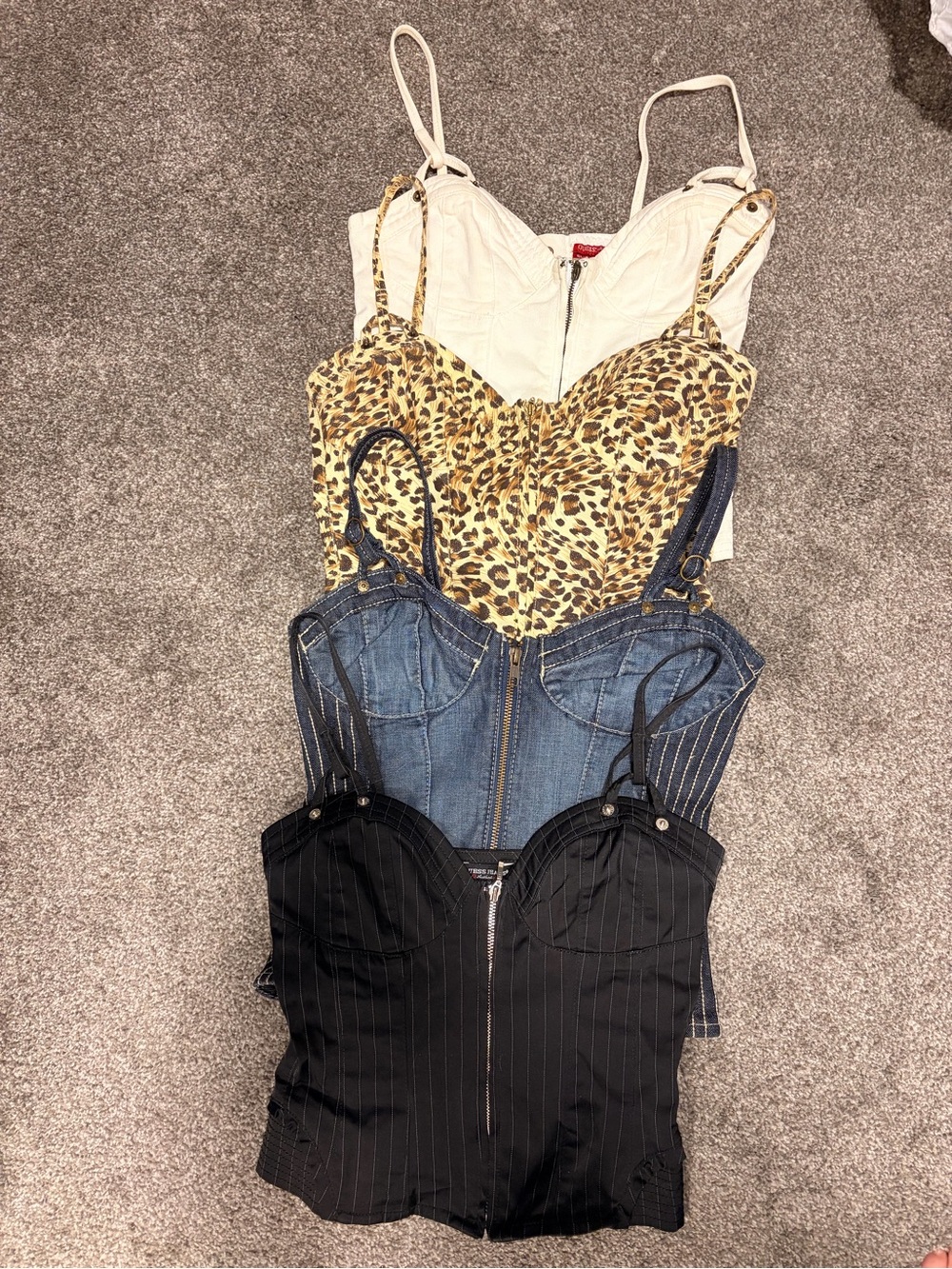 Vintage Guess 4 Corsets Collection Leopard, Jean, Black Pinstripe, white Jean